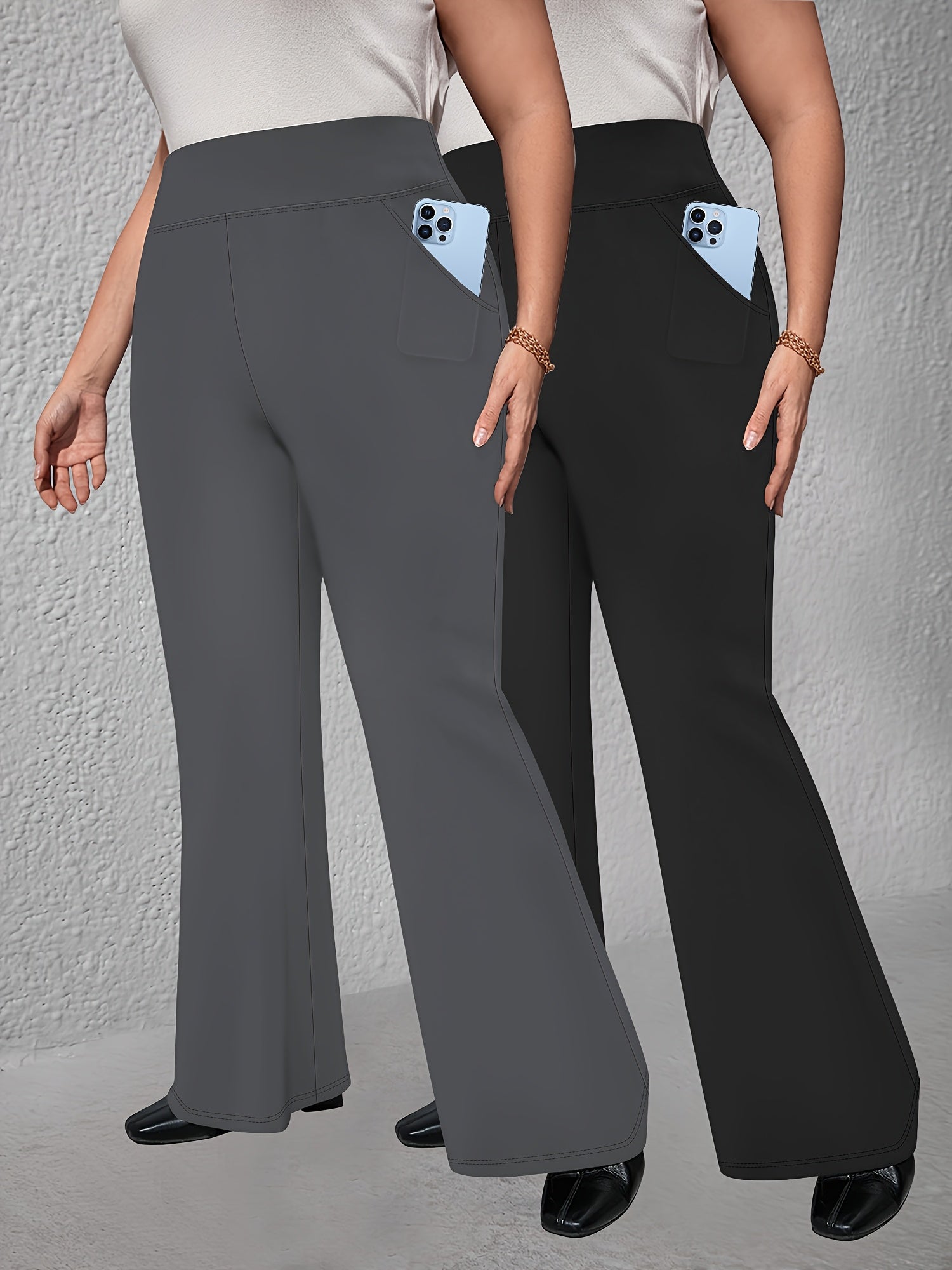 Plus Size High-Waist Flare Pants with Pockets - Stretchy Comfortable All Seasons
