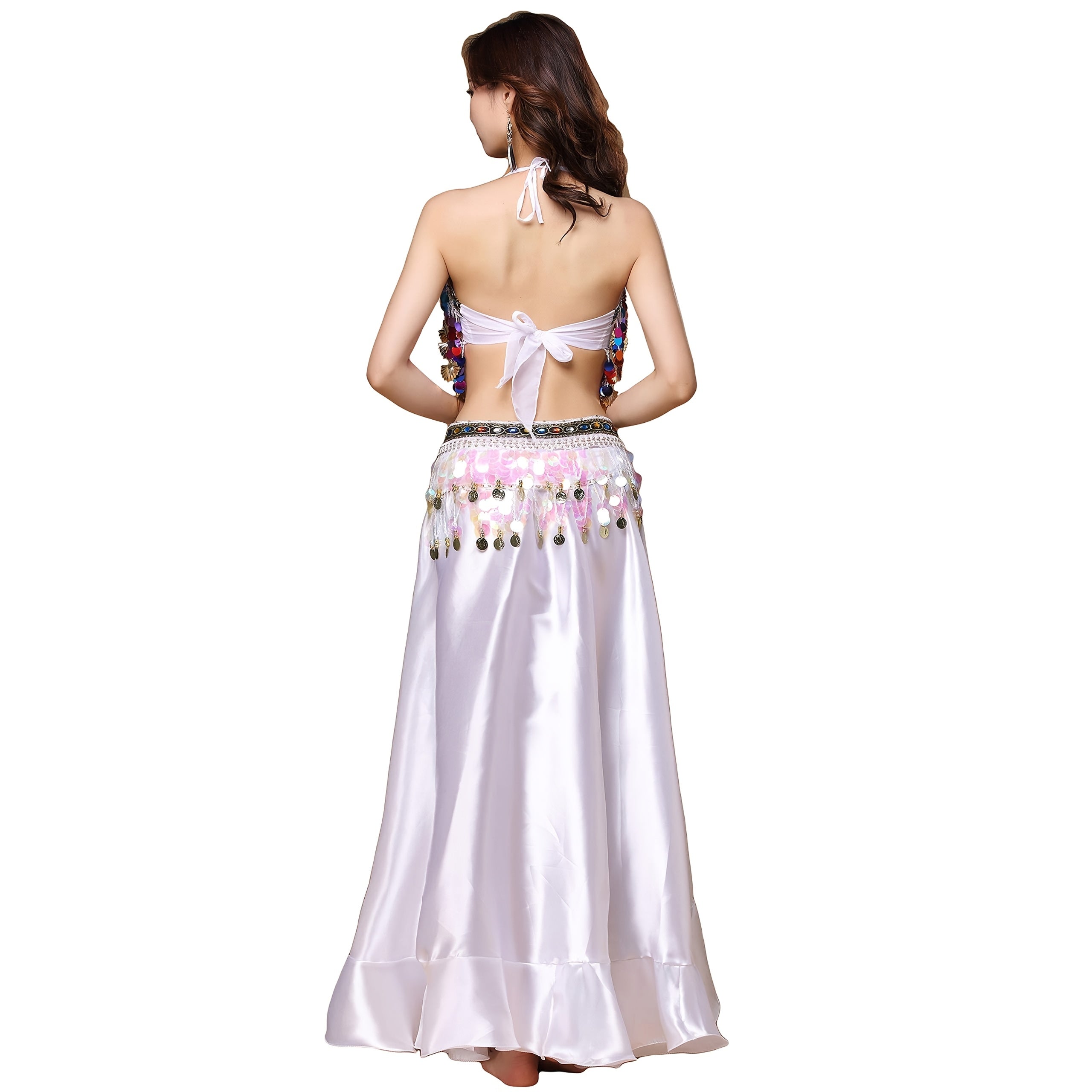 Kattalar ayollarining qorn raqs kostyum to'plami, bra, kamar, oqimli yubka, qizil, sariq, qora polyester