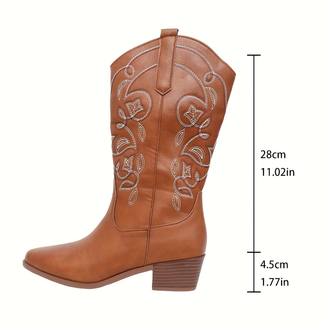 Women Brown Western Boots with Floral Embroidery Pointed Toe Block Heel
