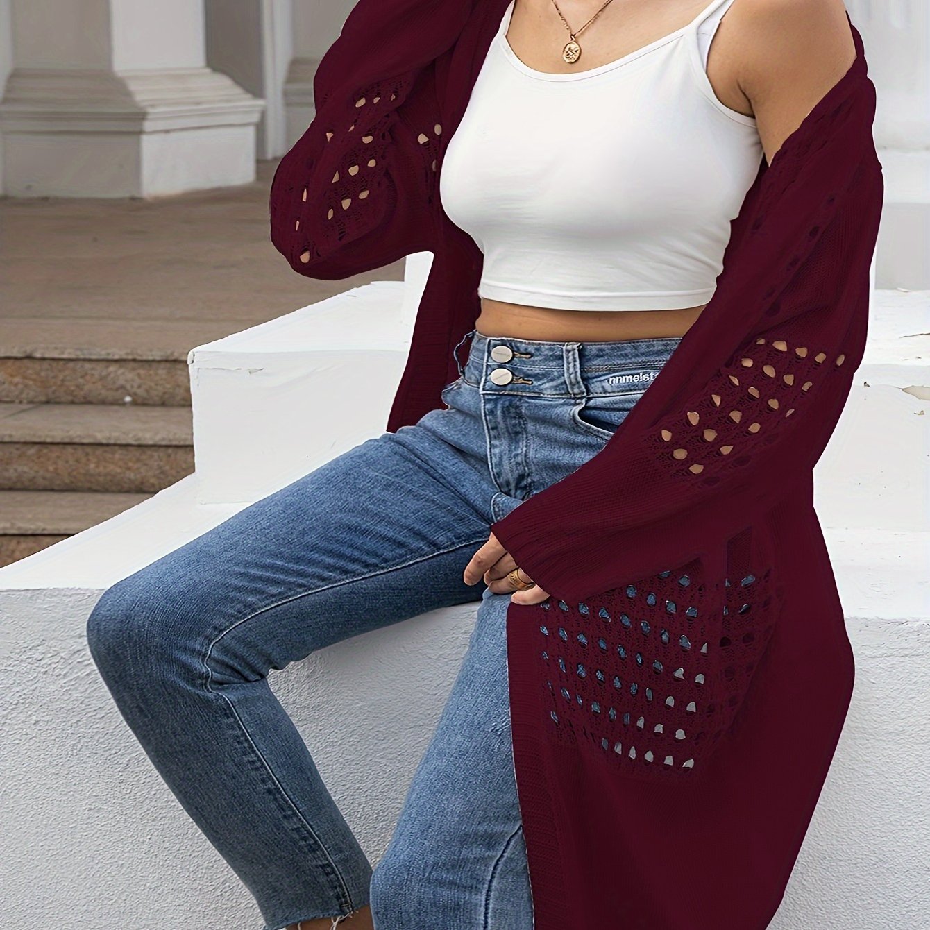 Cárdigan de punto para mujer talla grande con manga larga, abertura frontal y bordado, estilo flyaway