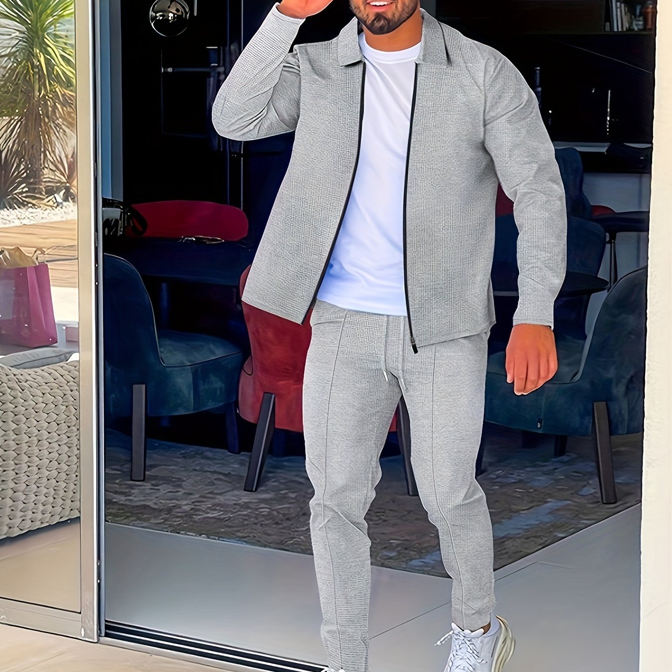 Men's Casual Polyester Sports Jacket with Full Zip and Drawstring Pants