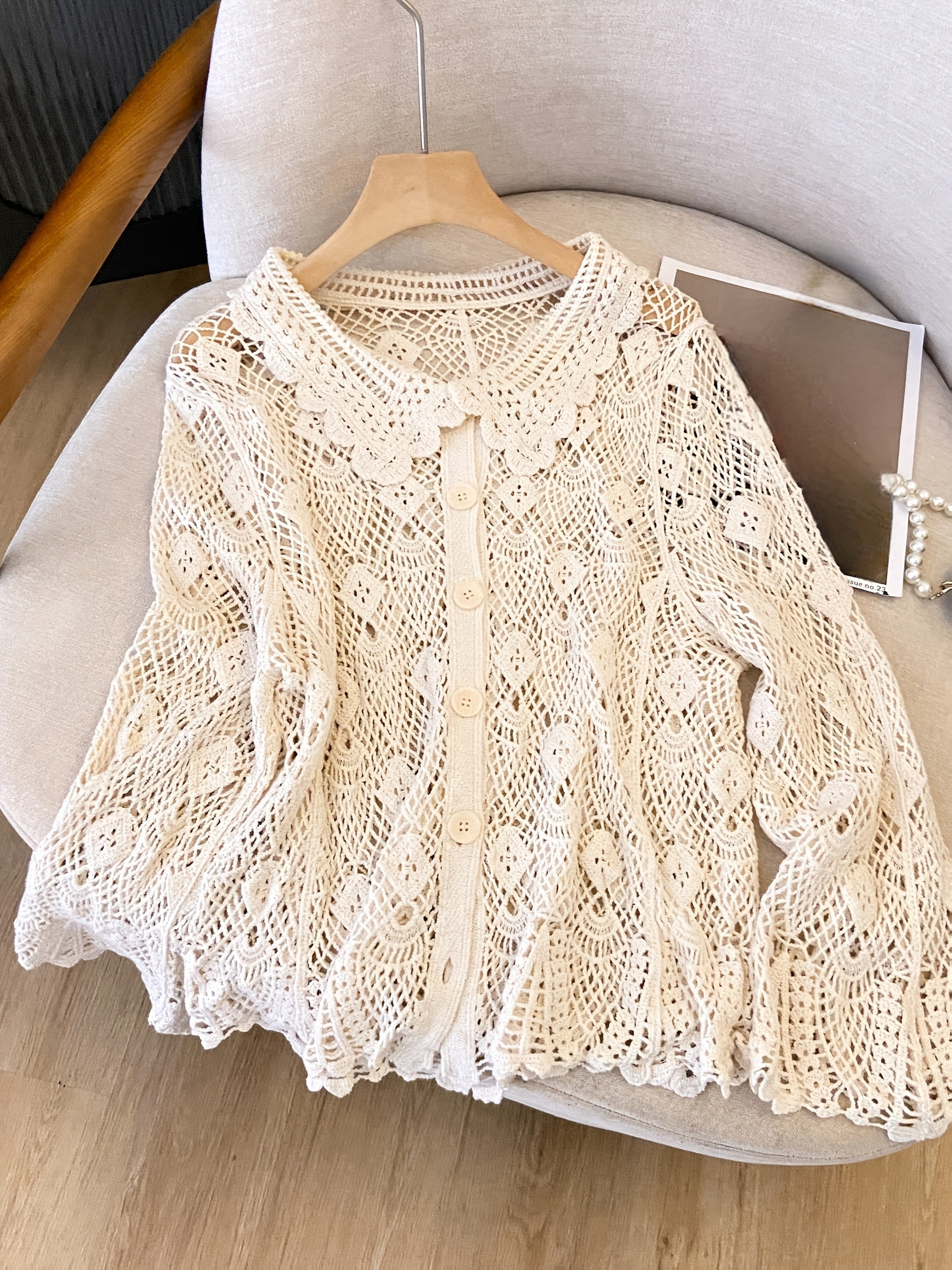 Blusa de encaje de crochet con cuello en V para mujer talla plus de manga larga primavera verano