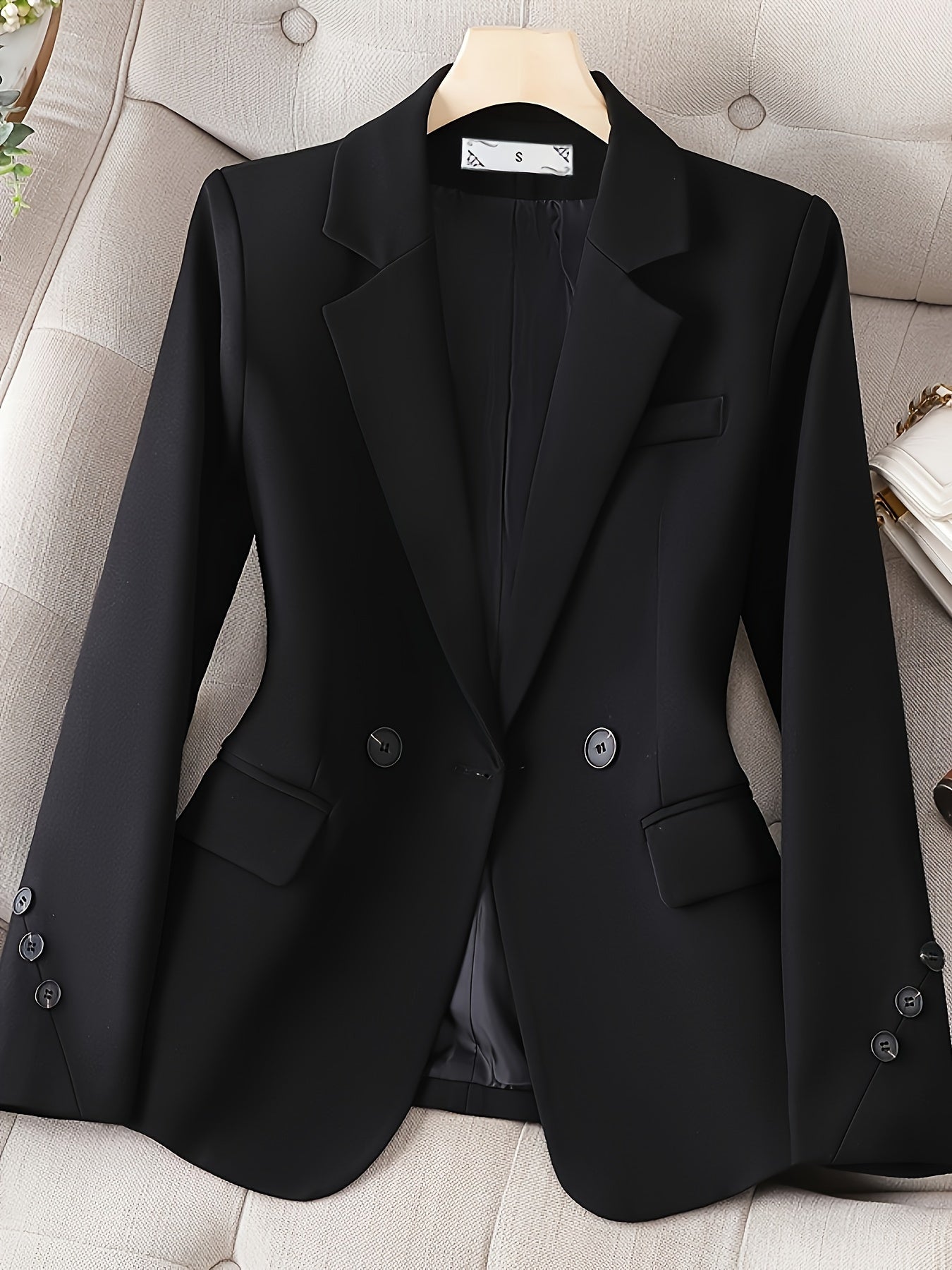 Women's Elegant Double-Breasted Blazer with Long Sleeves and Solid Color