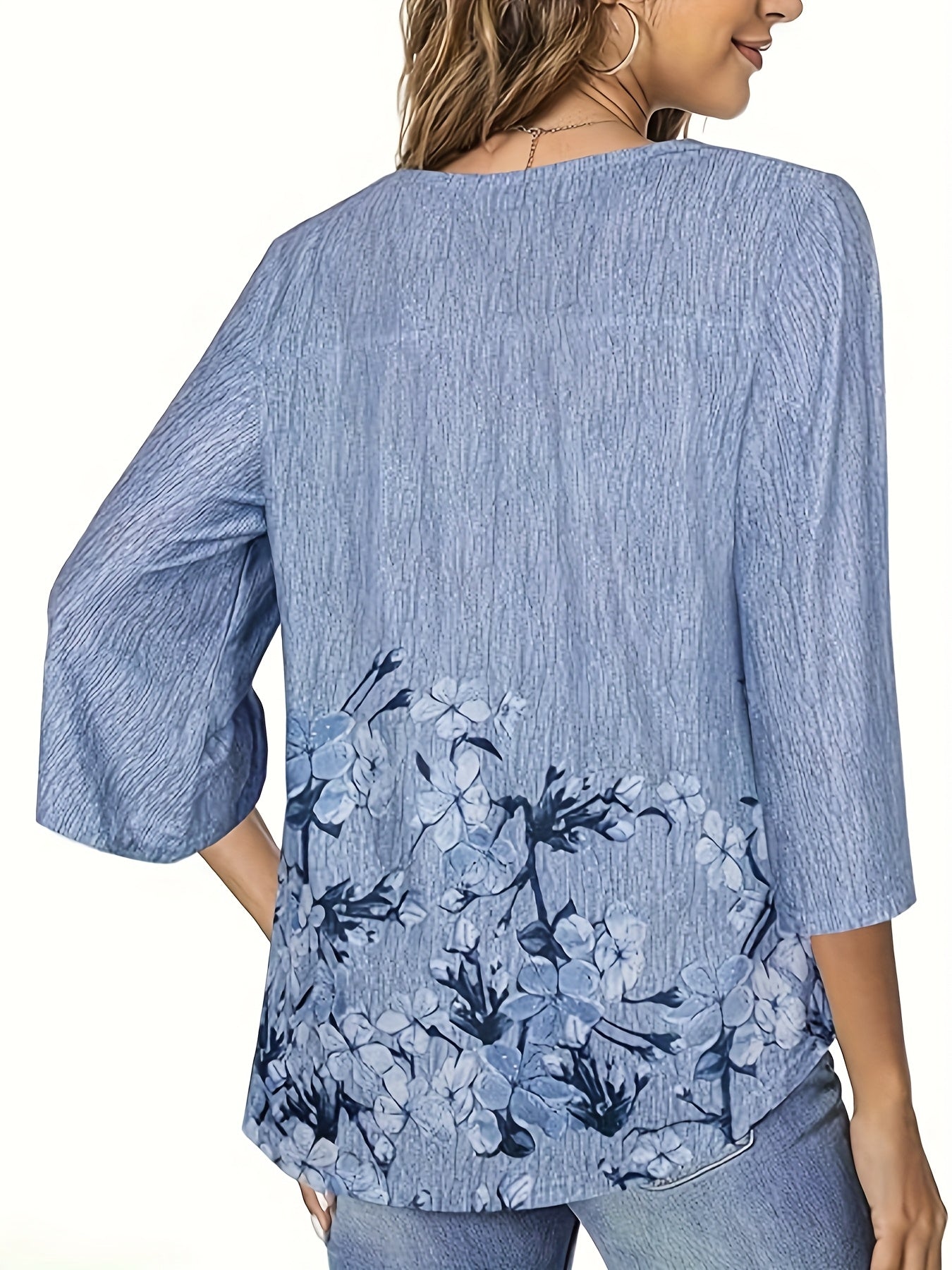 Women's V-Neck Longline Blouse with Floral Print, 3/4 Sleeves, Casual Fit