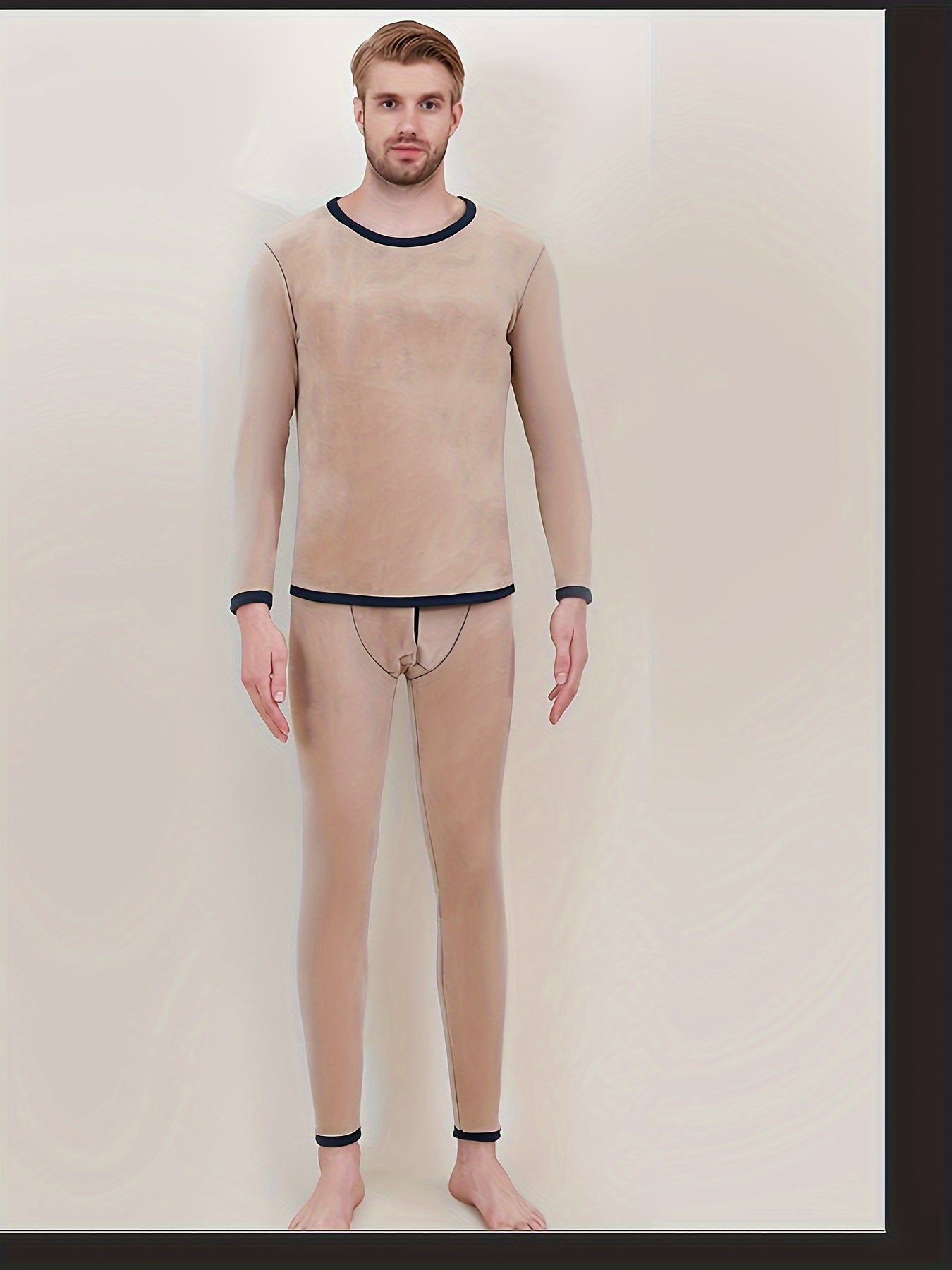 Men's Winter Thermal Underwear Set Fleece-Lined Long Sleeve Crew Neck and Pants