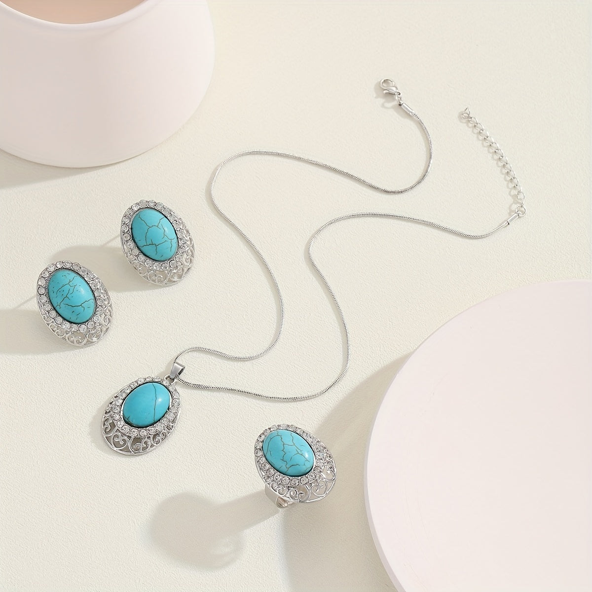 Turquoise Bohemian Style Jewelry Set for Women with Ring Earrings Necklace