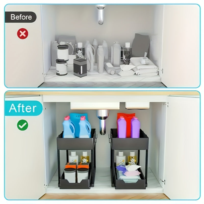 2-tier sliding drain storage box with utility hooks for kitchen bathroom organization