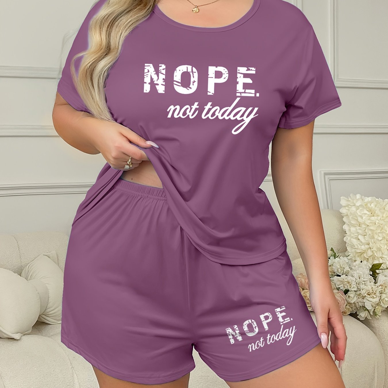 Plus Size Women's Loungewear Set Casual Slogan Print Short Sleeve Top and Elastic Shorts