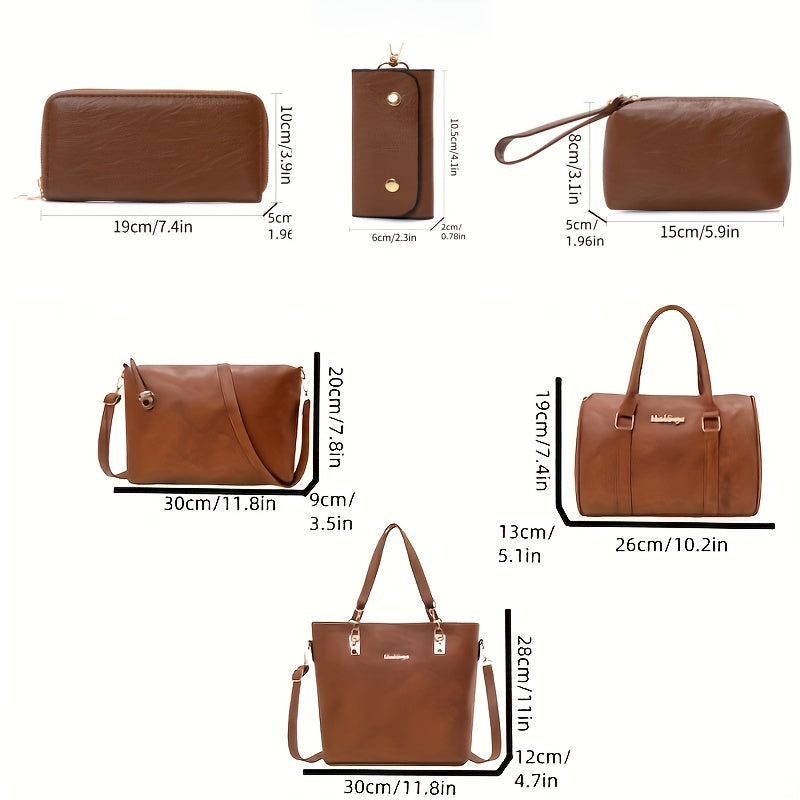 Women's Vintage Handbag Set 6pcs Monochrome PU Shoulder Messenger Bags Black