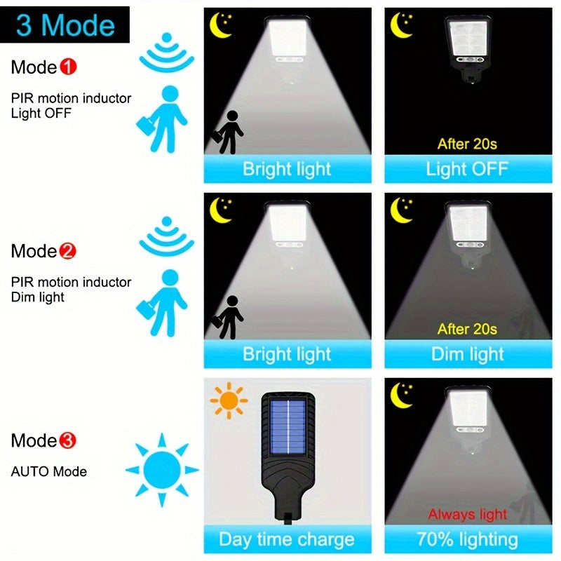 Farola solar LED con sensor de movimiento, control remoto, 3 modos, brillo ajustable