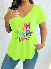 Women's Plus Size V-Neck T-Shirt Summer Graphic Short Sleeve Loose Fit