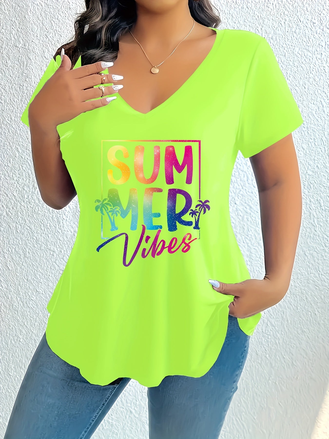 Women's Plus Size V-Neck T-Shirt Summer Graphic Short Sleeve Loose Fit