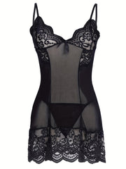 Women's Black Lace Lingerie Set with Sheer Slip Dress and Thong