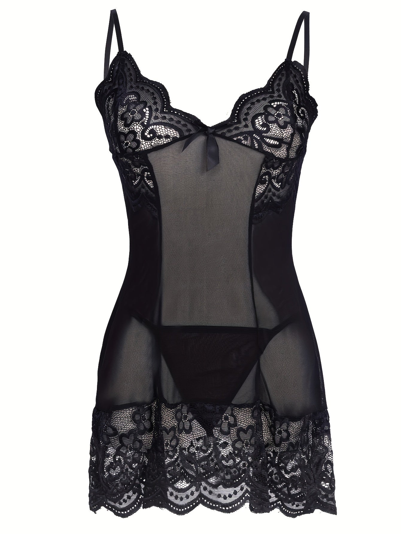 Women's Black Lace Lingerie Set with Sheer Slip Dress and Thong