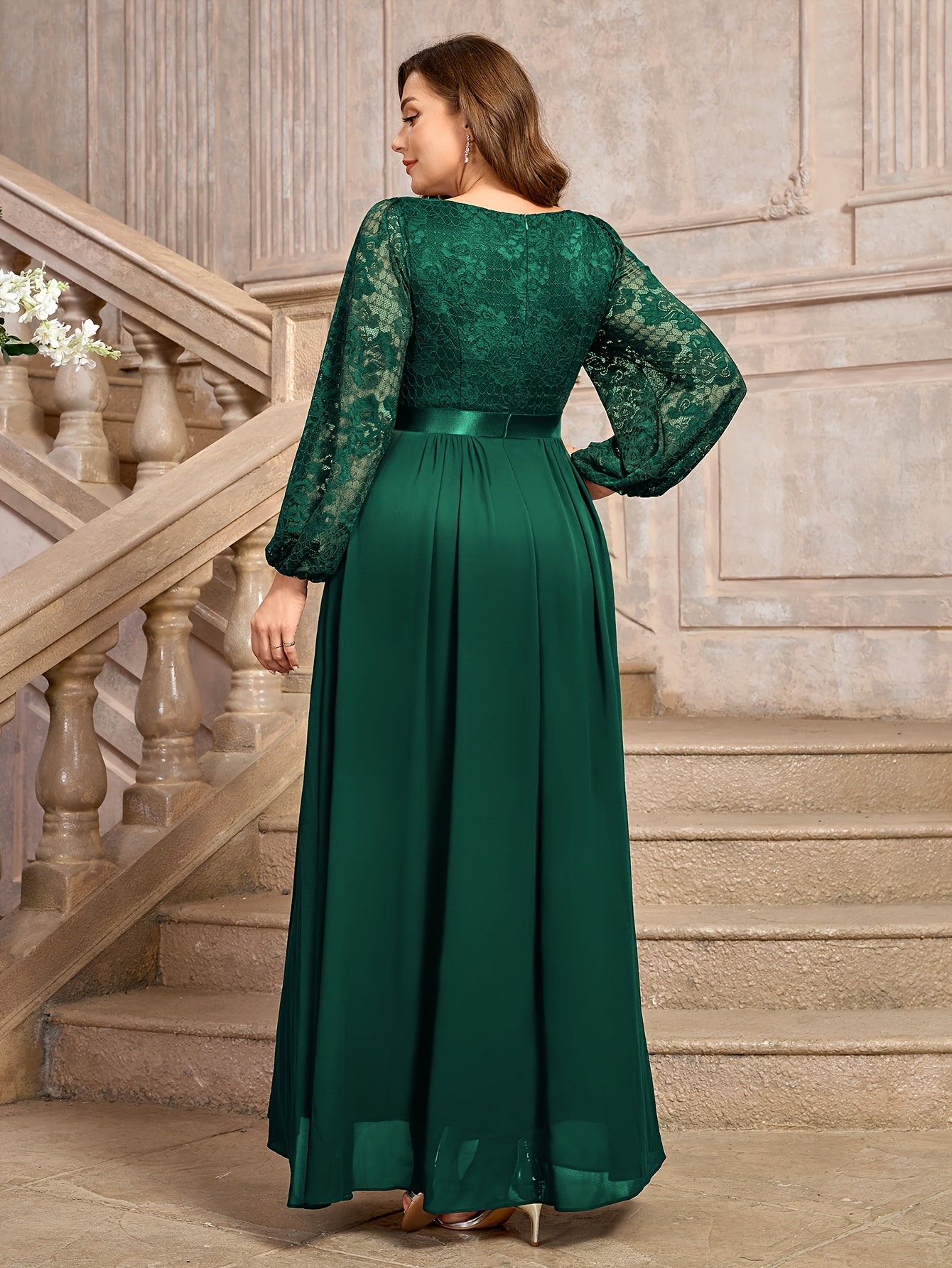 vestido largo de noche formal para mujer de encaje de seda y chiffon con estampado floral de talla grande