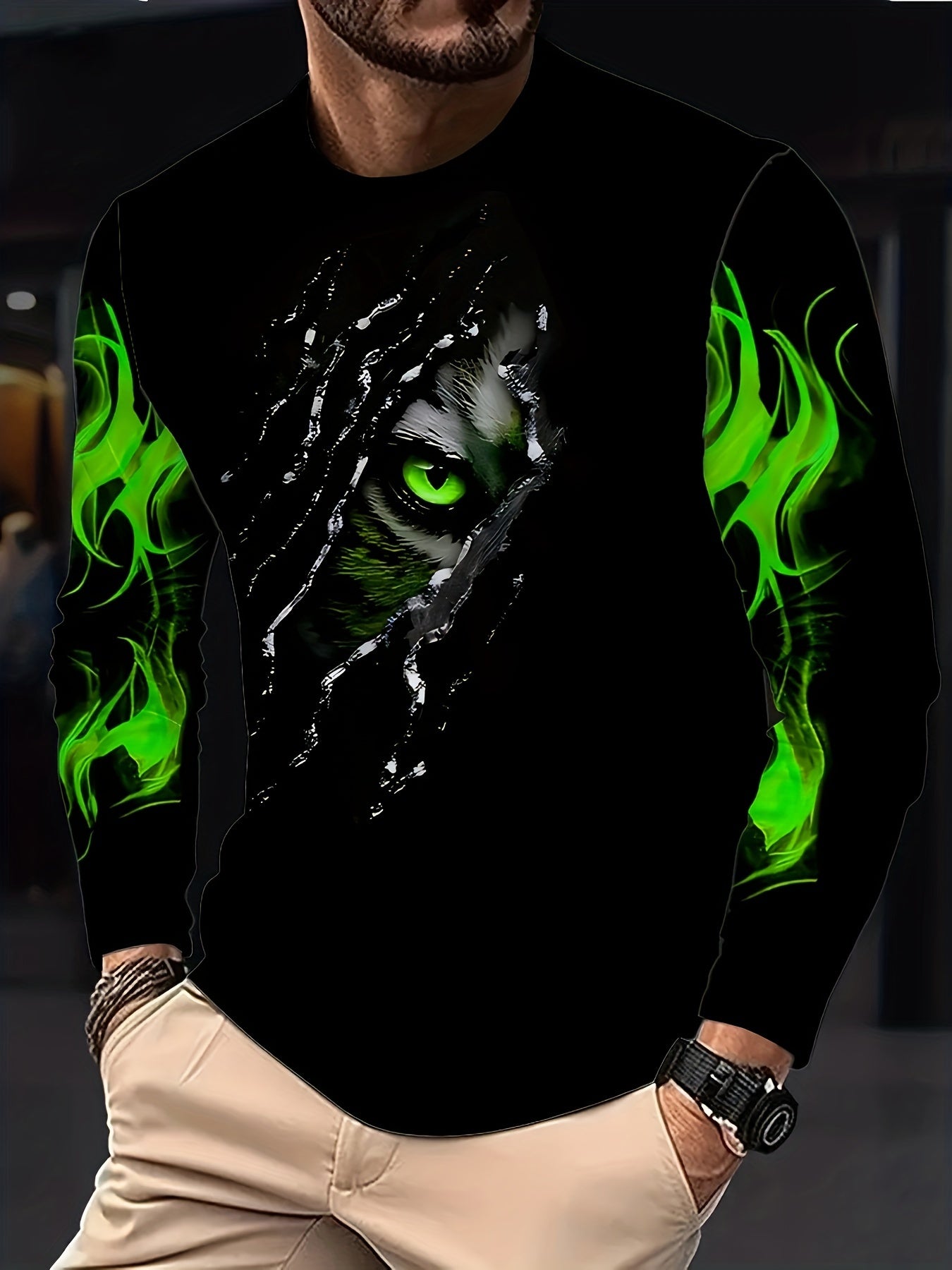 Men's Long Sleeve Crew Neck T-Shirt with Green Eye Flame Pattern Polyester Knit Slim Fit