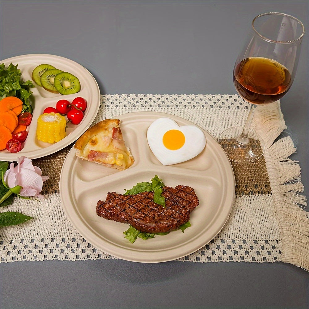 Set of 50 Biodegradable Disposable Paper Plates 9/10 Inch 3 Compartments for Parties