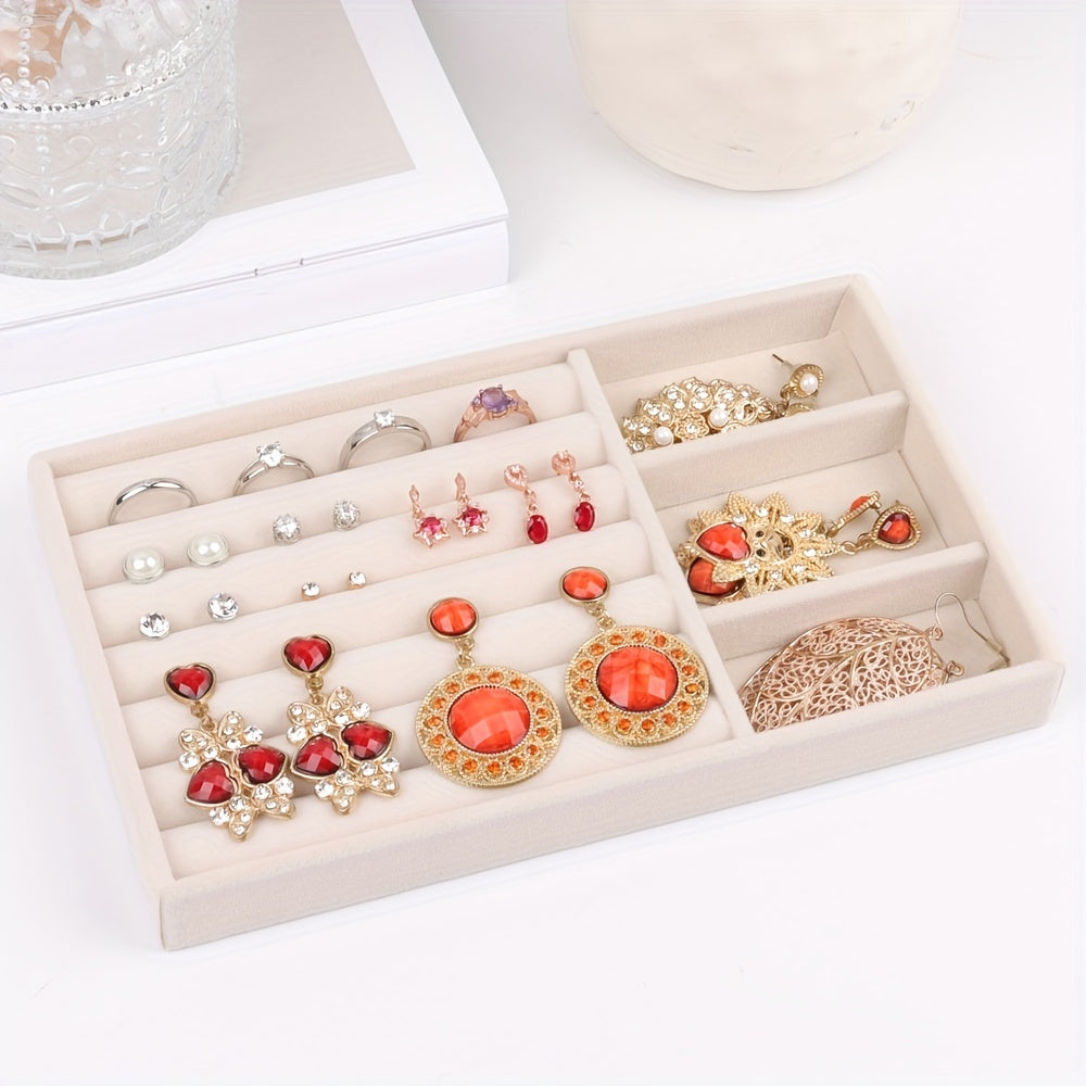Beige Velvet Jewelry Organizer Tray for Earrings Rings and Accessories Storage