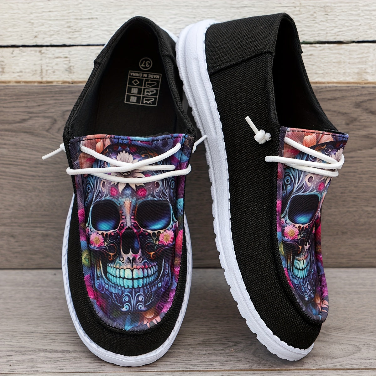 Women Black Loafers with Colorful Skull Design Breathable Non-Slip Slip-On