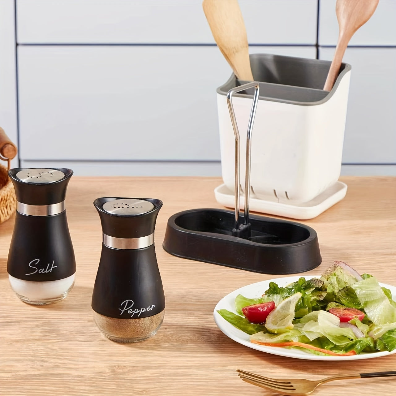 Juego de salero y pimentero con frascos de base de cristal y soporte para cocina, cocina, camping