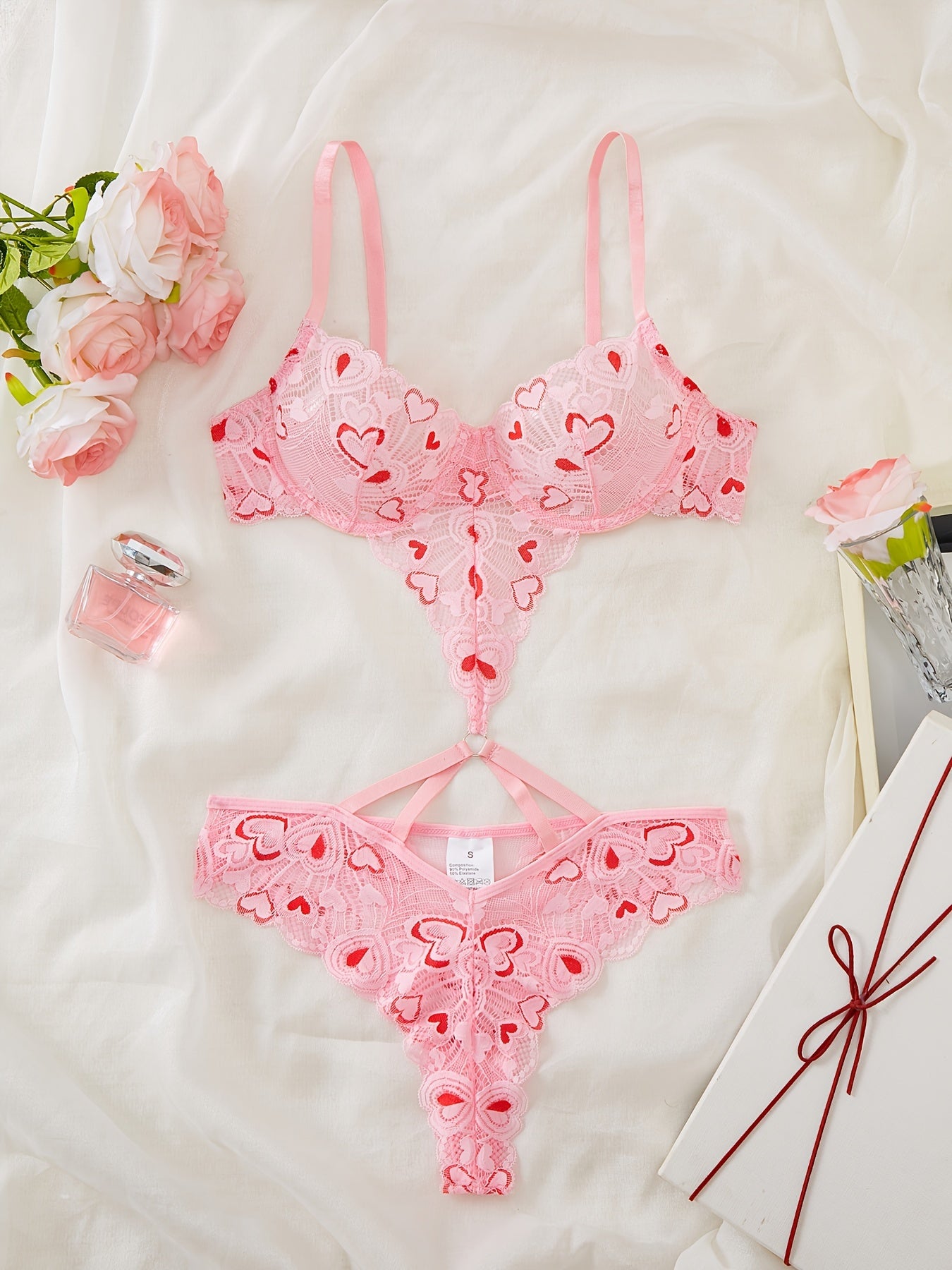 Pink Heart Embroidered Adult Lingerie Set Polyamide Elastane