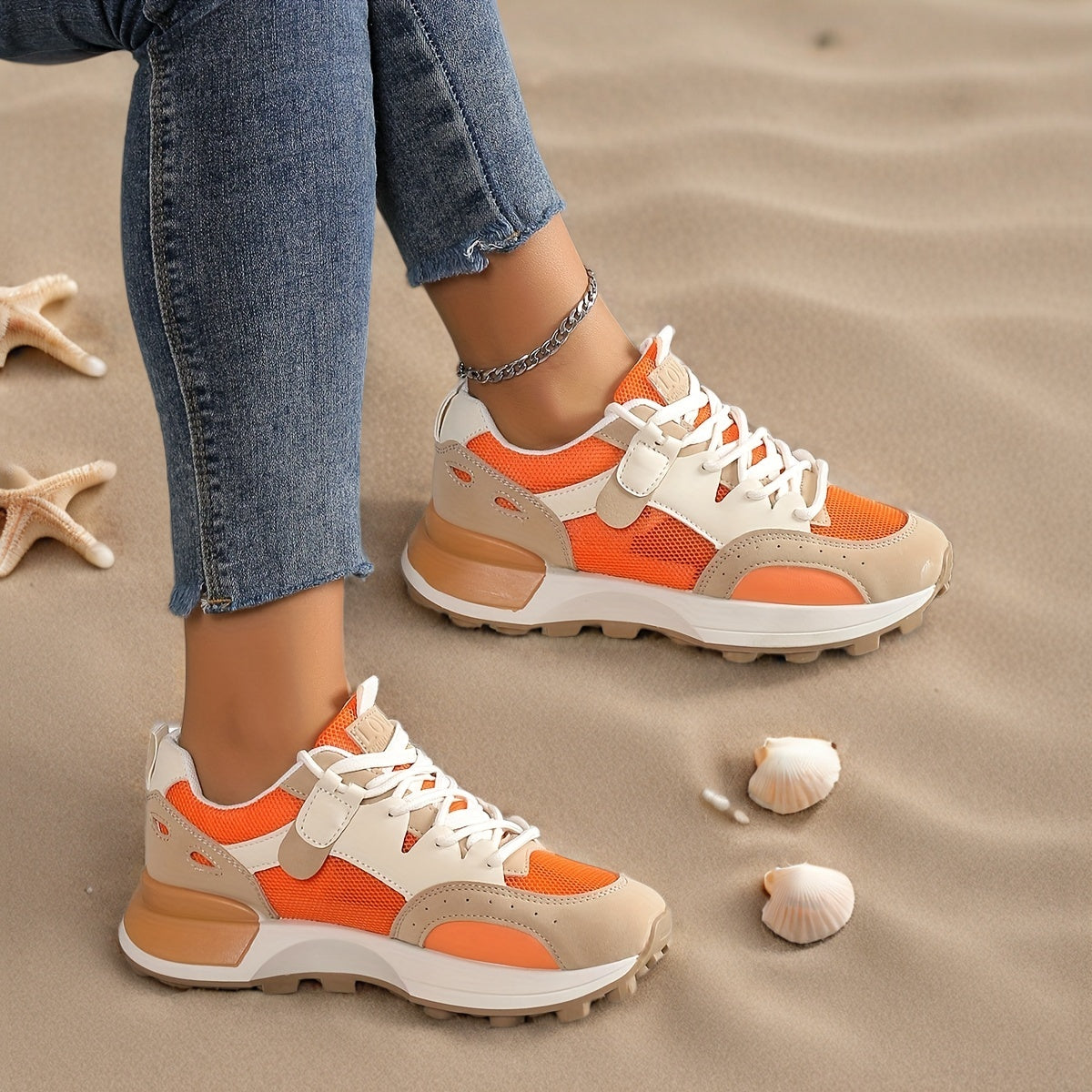 Women’s Colorblock Casual Sneakers, Lace Up Low-Top Breathable Trainers