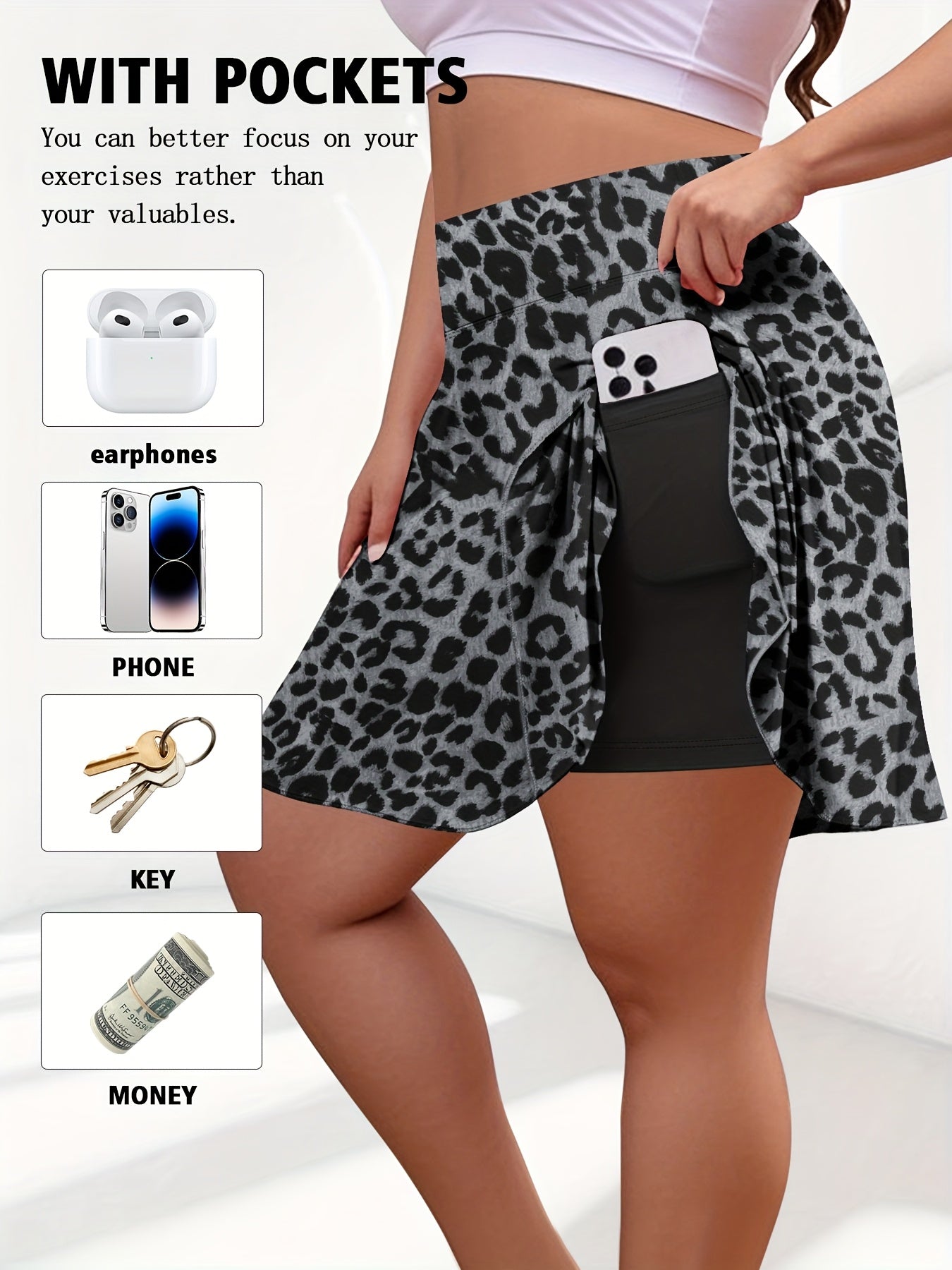 Women's Plus Size Leopard Print High-Waist Skort with Pockets for Tennis Casual Wear