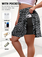 Women's Plus Size Leopard Print High-Waist Skort with Pockets for Tennis Casual Wear