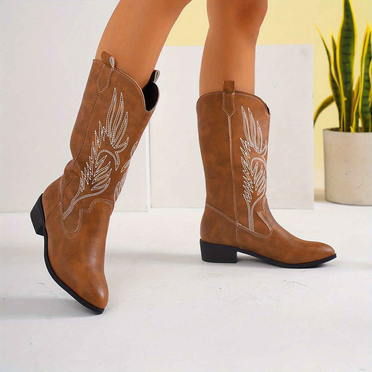 Women Slip-On Cowboy Boots Light Brown Faux Leather Floral Embossed Style