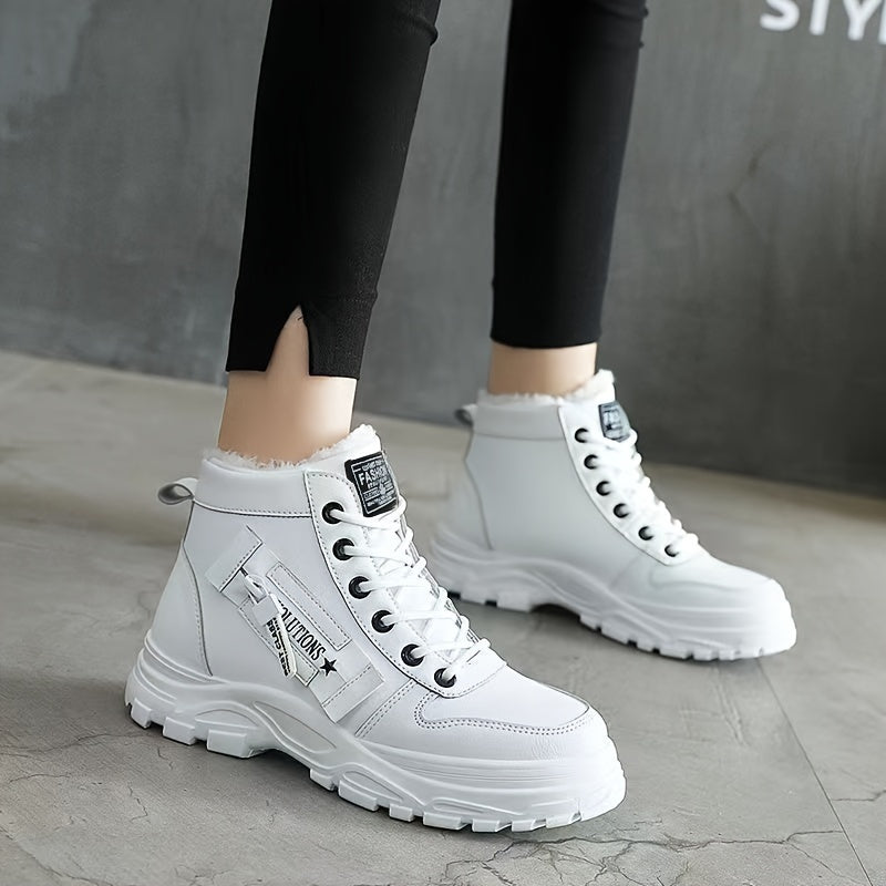 Botas altas de invierno para mujer con forro de piel sintética, impermeables y con cordones blancas