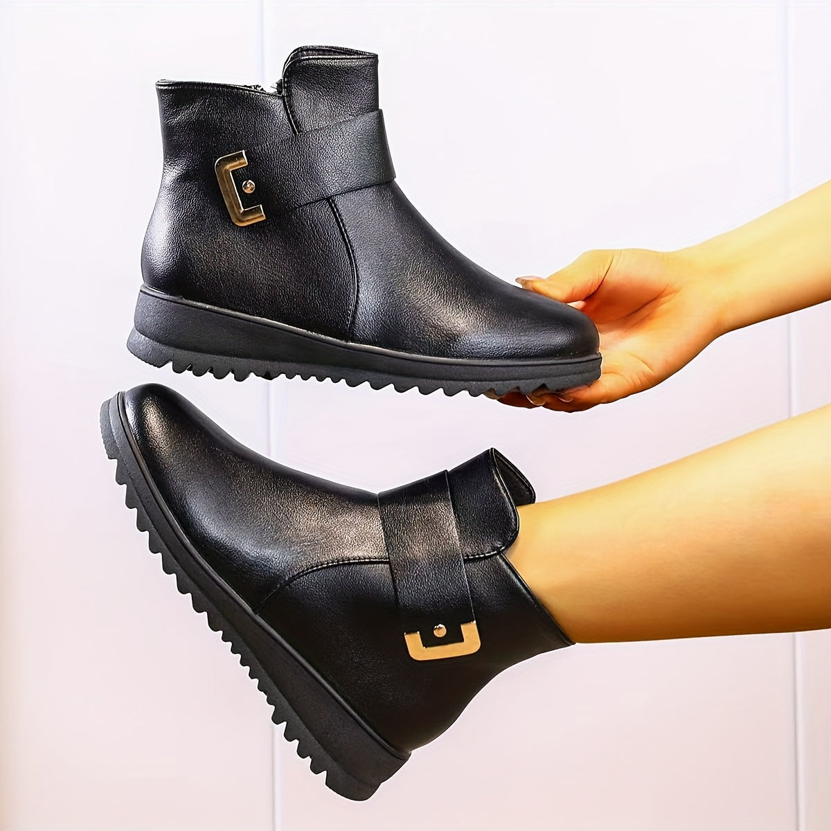 Women Black Wedge Heel Ankle Boots with Side Zipper and Buckle