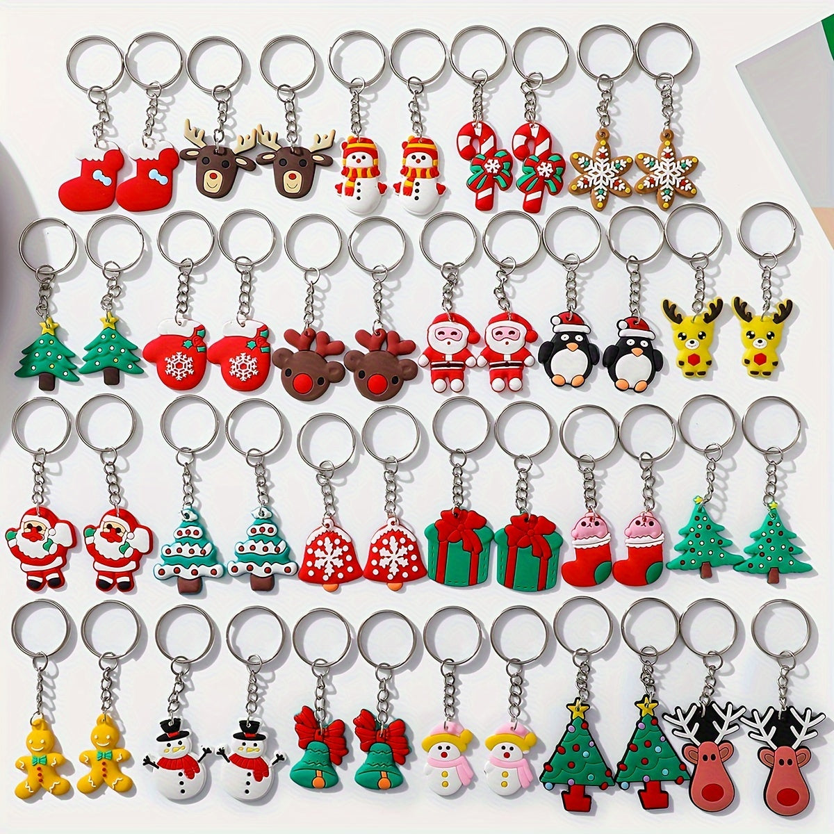 Christmas Keychain Set 46 Pieces PVC Cartoon Characters Santa Snowman Tree Car Key Rings