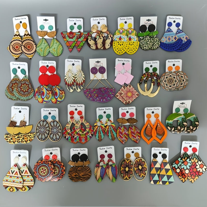 Women's Bohemian Wooden Drop and Geometric Earrings with Colorful Prints