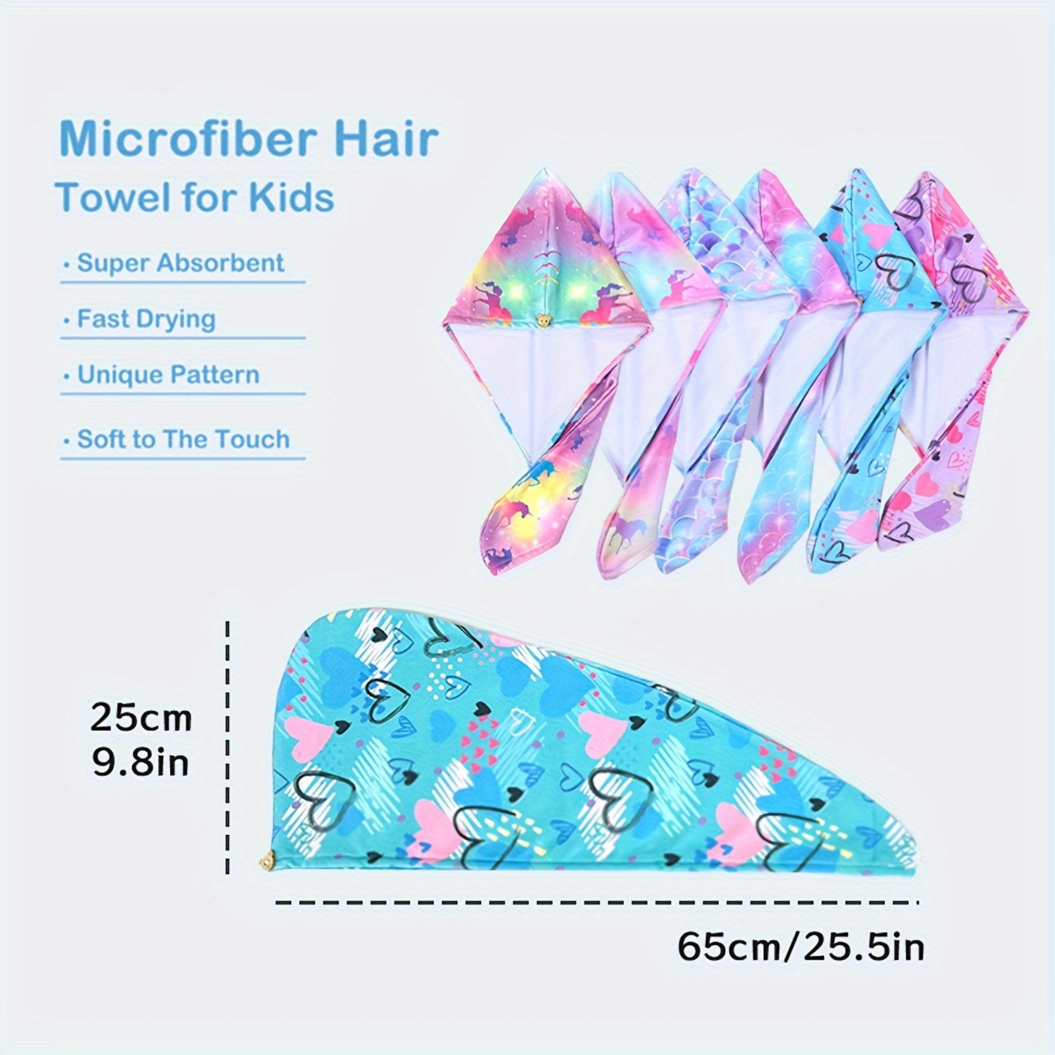 Toalla para cabello de microfibra para niños con banda de botón para secado rápido y envoltura