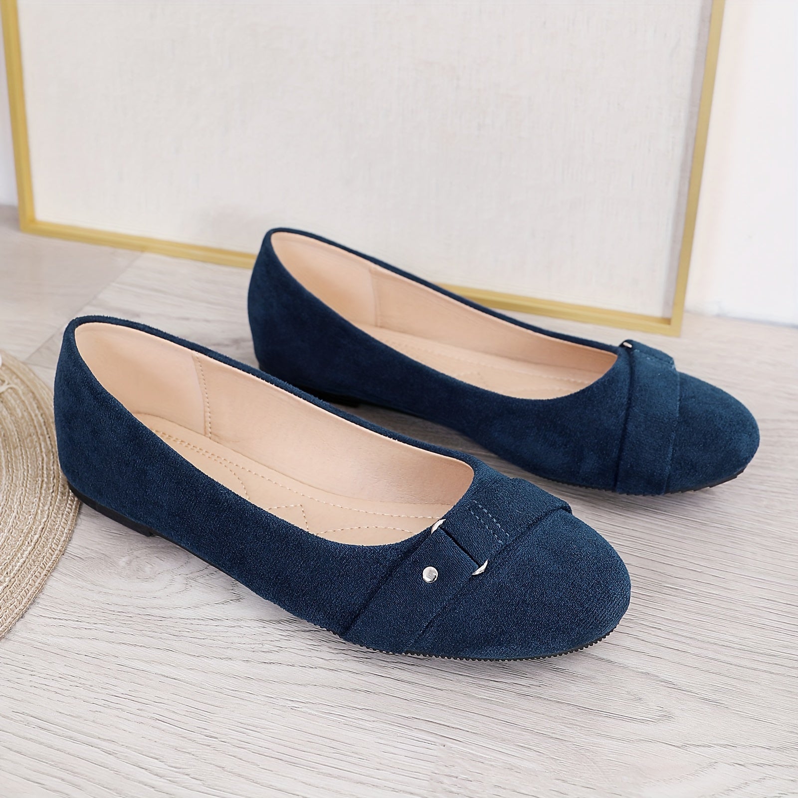Women Black Flannel Slip-On Ballet Flats with Ankle Strap Casual Shoes