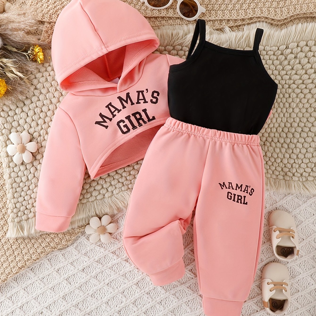 Girls Baby Casual Letter Print 3-Piece Outfit Hoodie Cami Pants Fall Winter