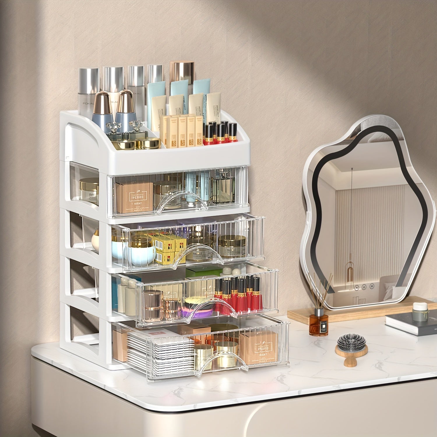 Multi-Layer Desktop Storage Organizer with Drawer for Cosmetics Jewelry and Stationery White