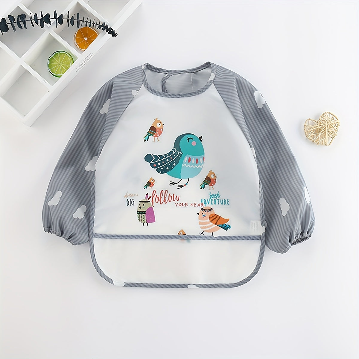 Waterproof Long-Sleeve Feeding Bib for Kids Grey Polyester Fiber