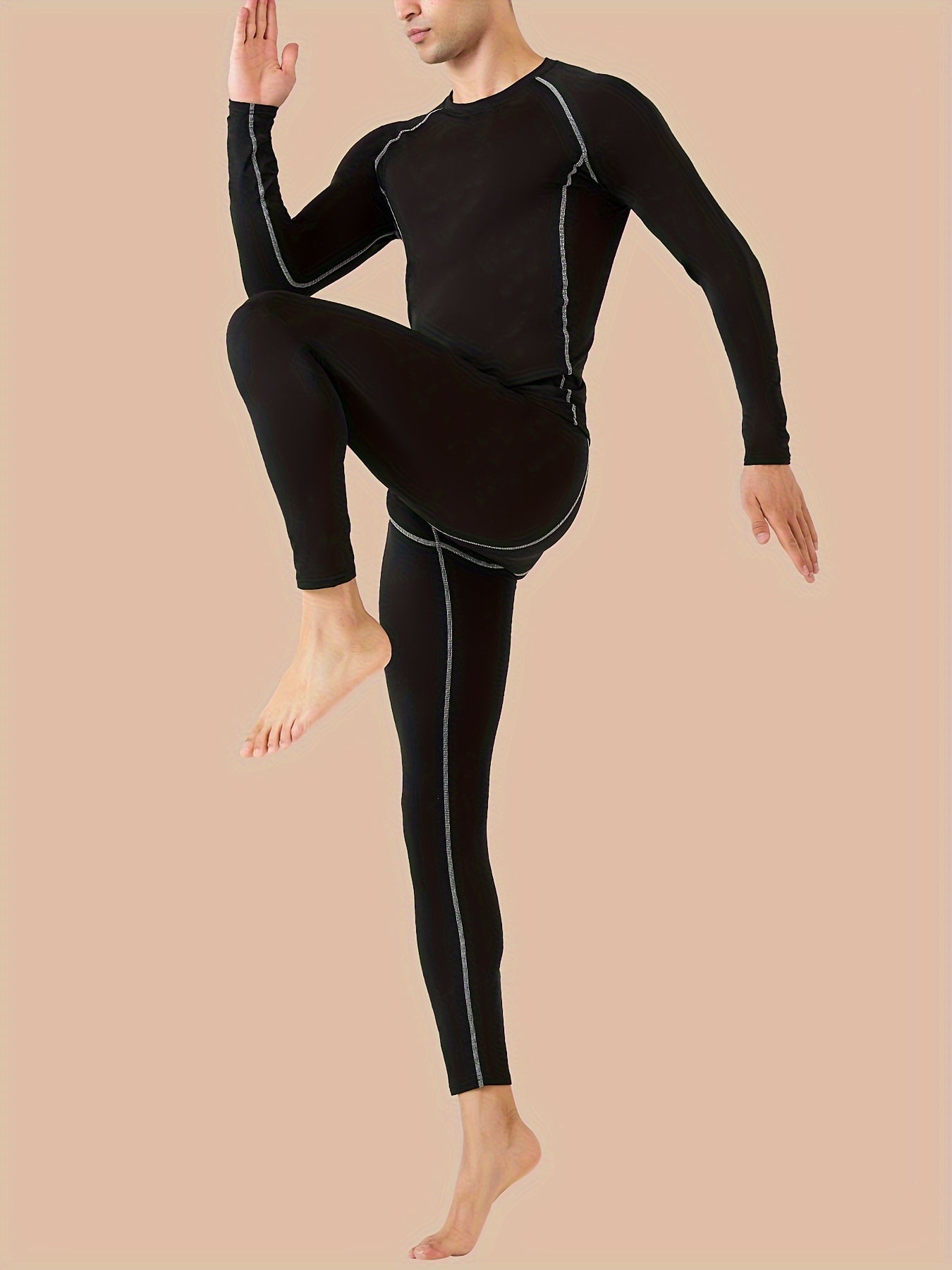Men's Thermal Underwear Set with Crew Neck Top and Tight Bottoms for Running and Workout