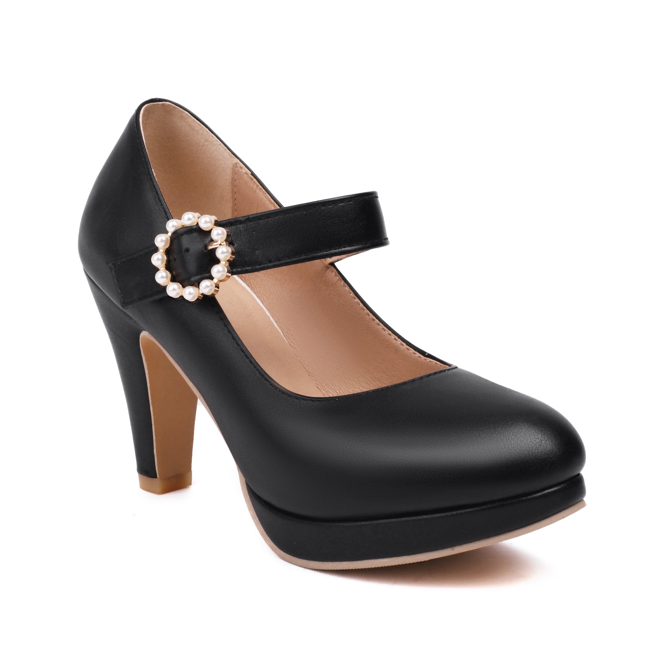 Women's Pearl Buckle Ankle Strap Pumps Solid Color Round Toe Block Heels