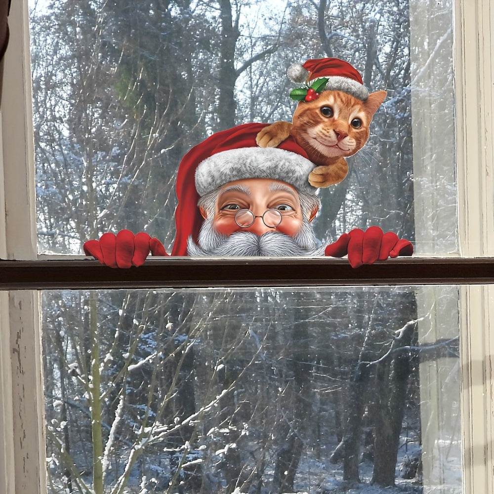 Contemporary Santa and Kitten Christmas Window Cling Festive Holiday Decor