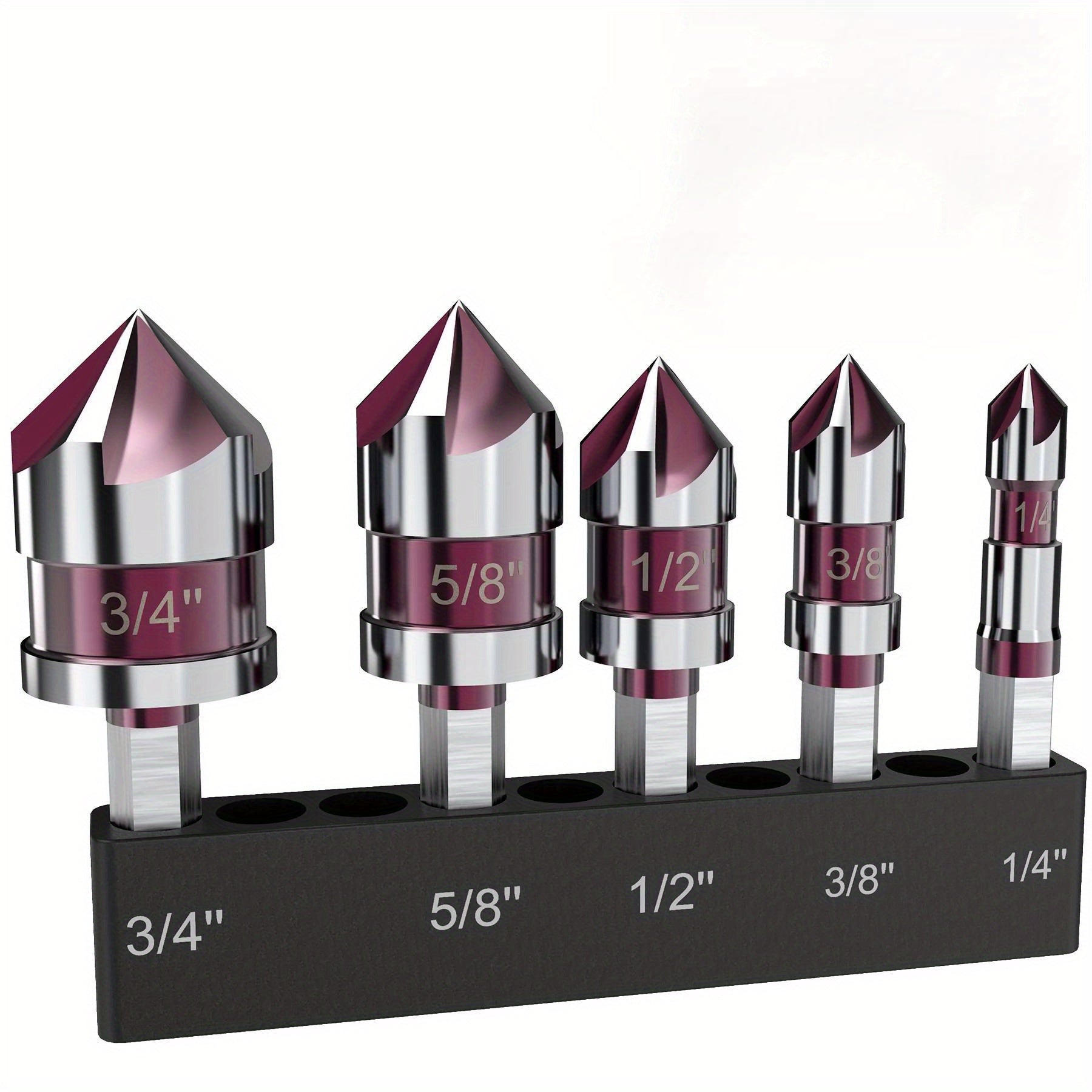 5-Piece Cobalt Countersink Drill Bit Set 82° Angle 1/4" Hex Shank for Metal Wood Plastic