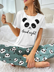 Women's Panda Print Pajama Set Short Sleeve Top Long Pants Casual Comfortable Polyester