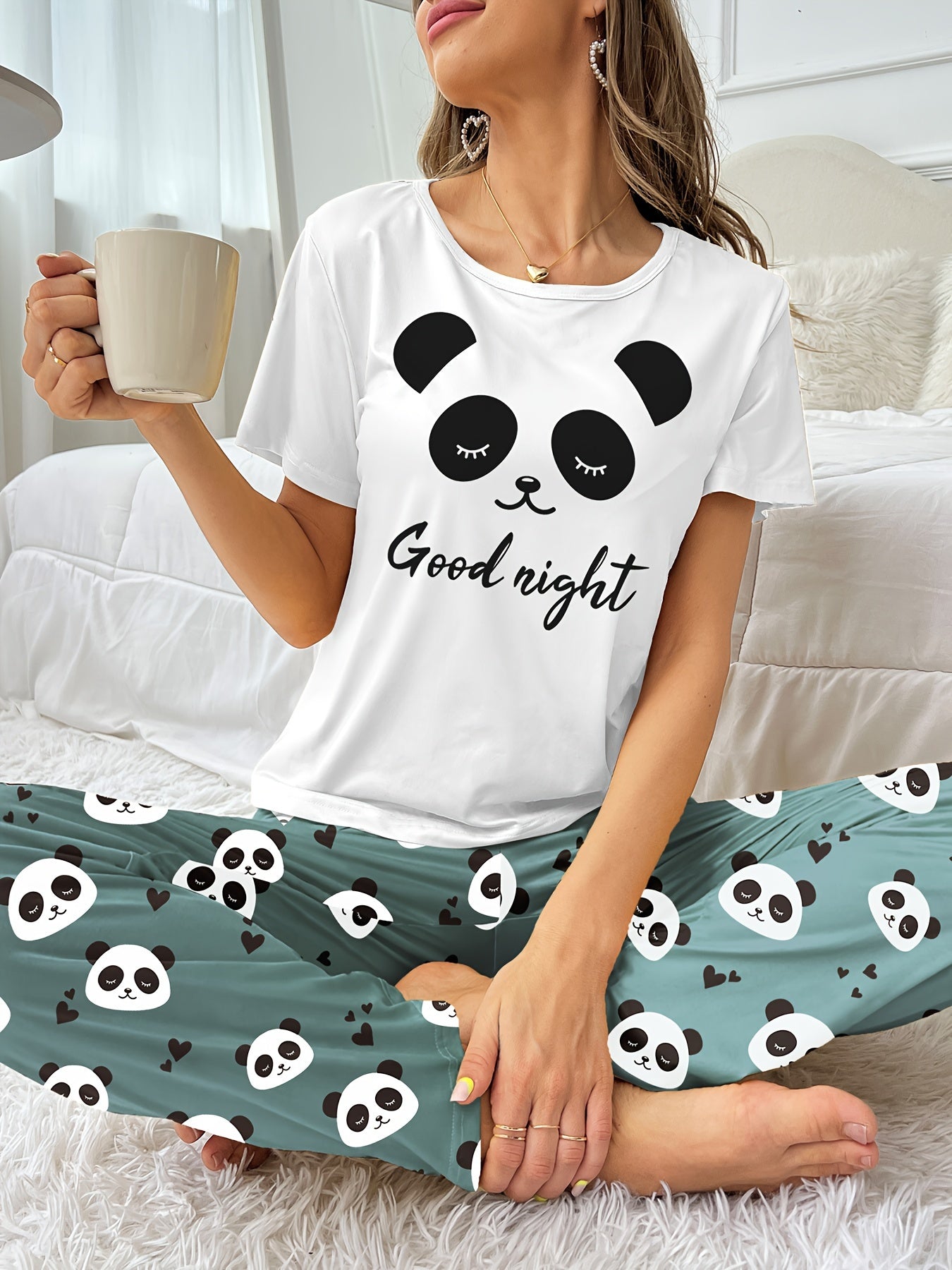 Women's Panda Print Pajama Set Short Sleeve Top Long Pants Casual Comfortable Polyester