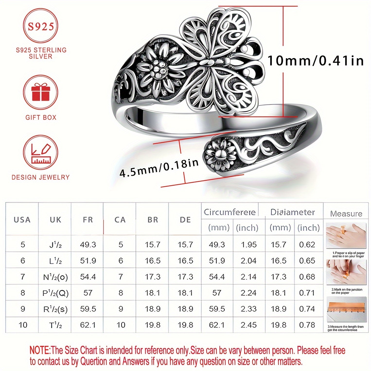 Sterling Silver Butterfly Flower Carved Ring with 18k Gold Plating for Women