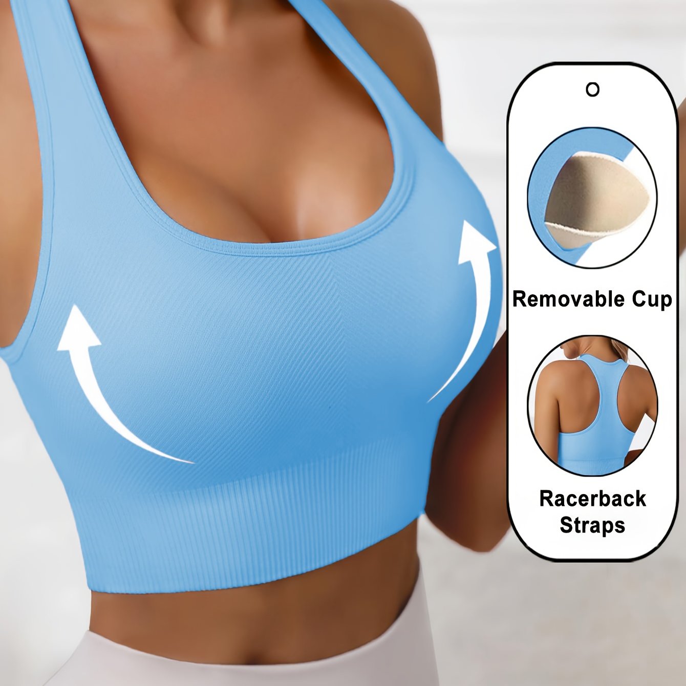 Women's Black High-Stretch Polyamide Sports Bra with Removable Cups and Racerback Support