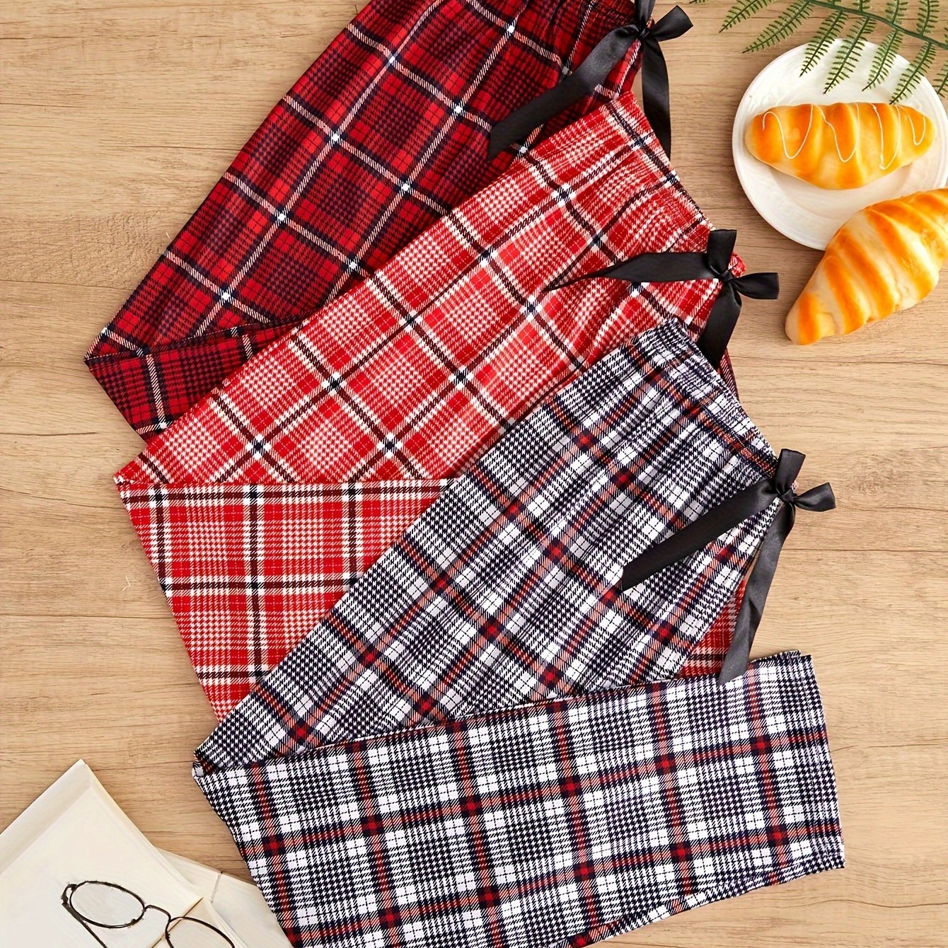 Women's Plaid Sleep Pants 3-Piece Set Cozy Lounge Casual Knit Polyester with Bow