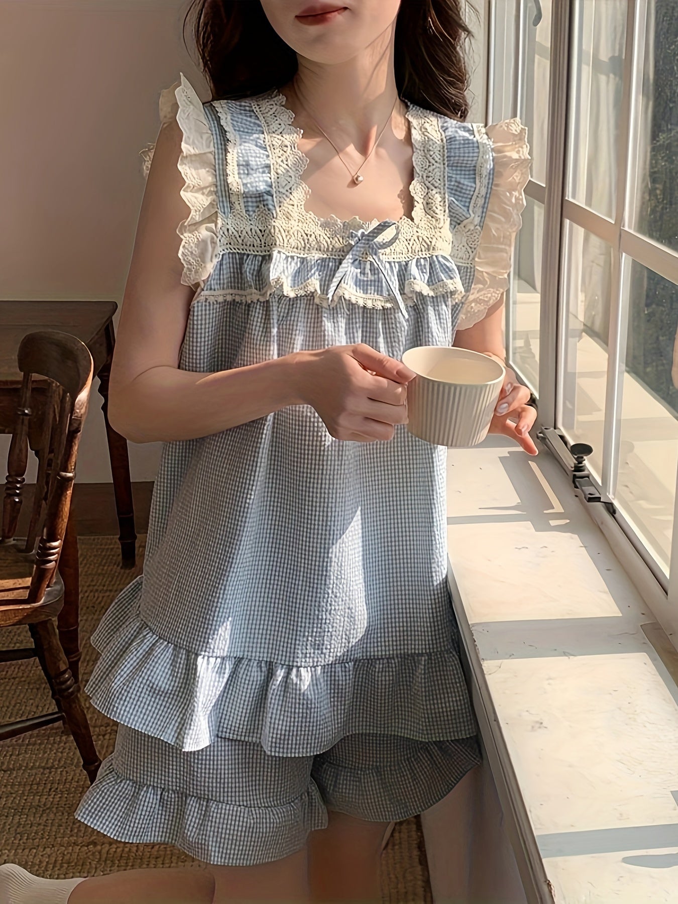 Women's Summer Pajama Set Sleeveless Plaid Short Sleeve Sleepwear for Women