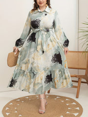 Plus Size Marble Print Dress for Women Long Sleeve Belt Ruffle Hem All-Season Fashion