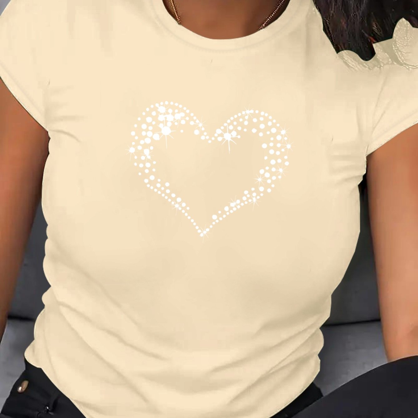 Women's Large Fit Heart Print T-Shirt - Soft Breathable Polyester Casual Short Sleeve